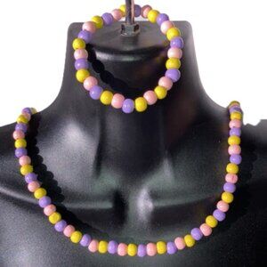 EASTER Egg Pastel Wood Beaded Stretchy Necklace 22 in and Bracelet 8 inches